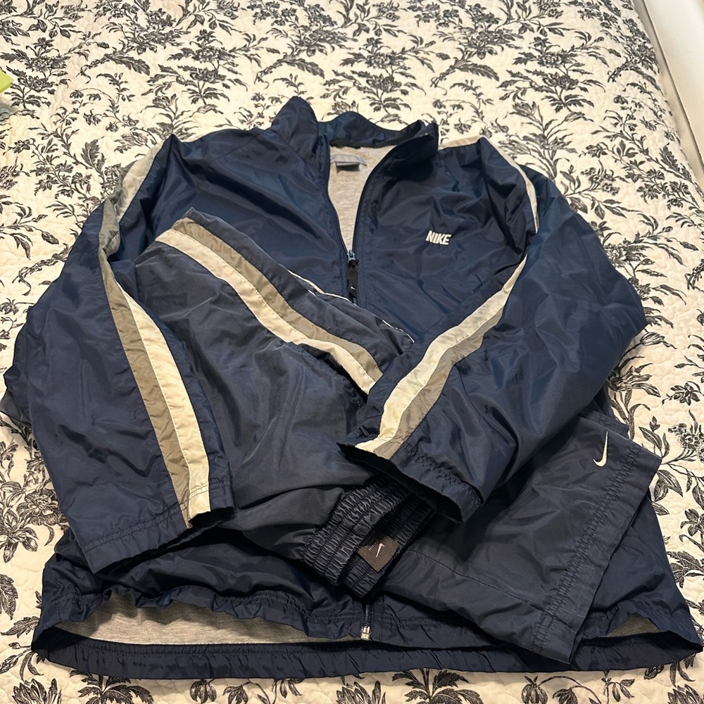 Nike Navy Blue Windbreaker Jacket with Gray Stripes